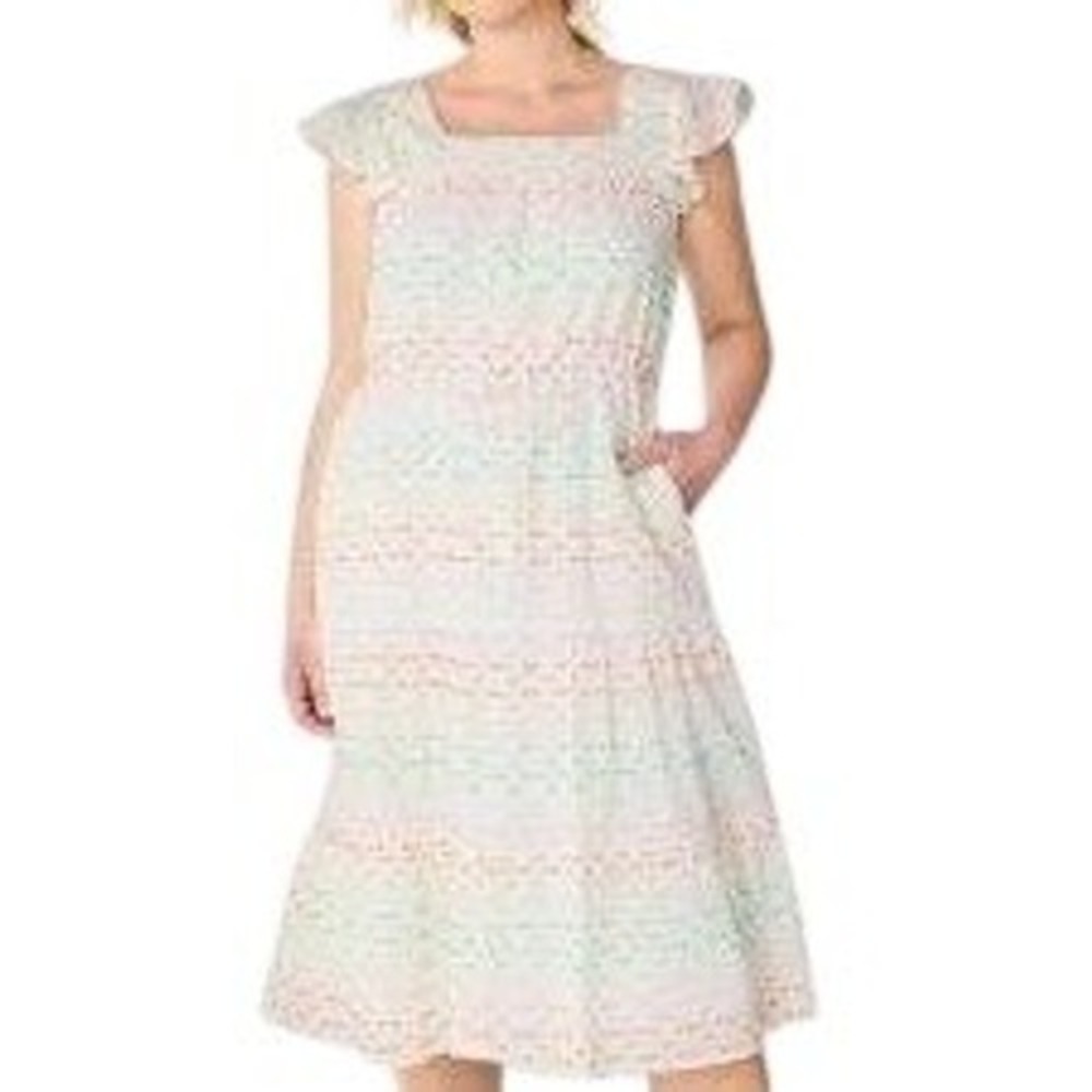 Draper James RSVP White Clip Dot Midi Dress XS‎ Rainbow Tiered Cottagecore